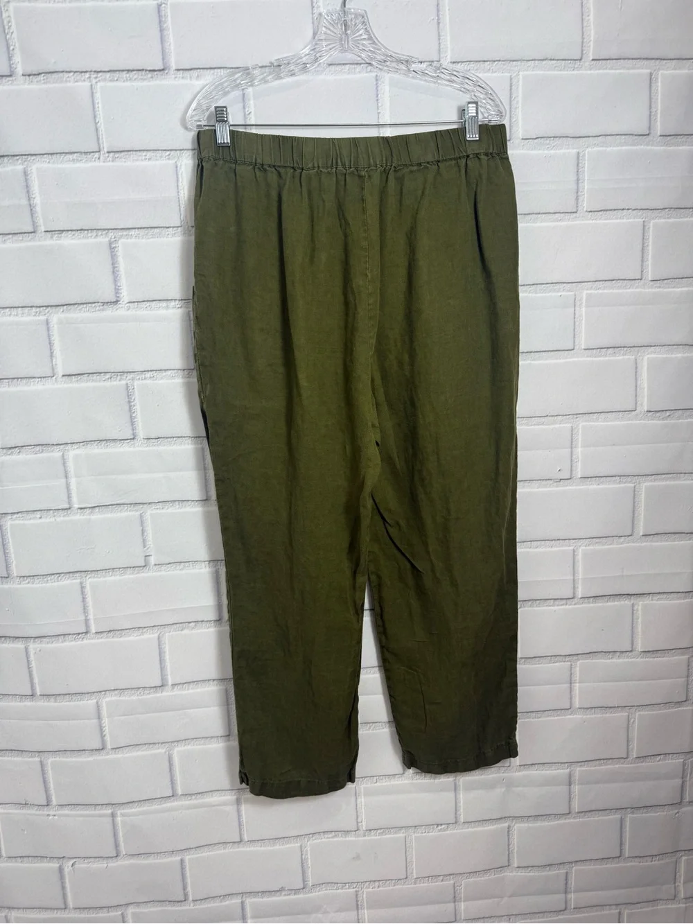 Quince Women’s Olive Green 100% Linen Pull-On Pants minimalist quiet luxury/L